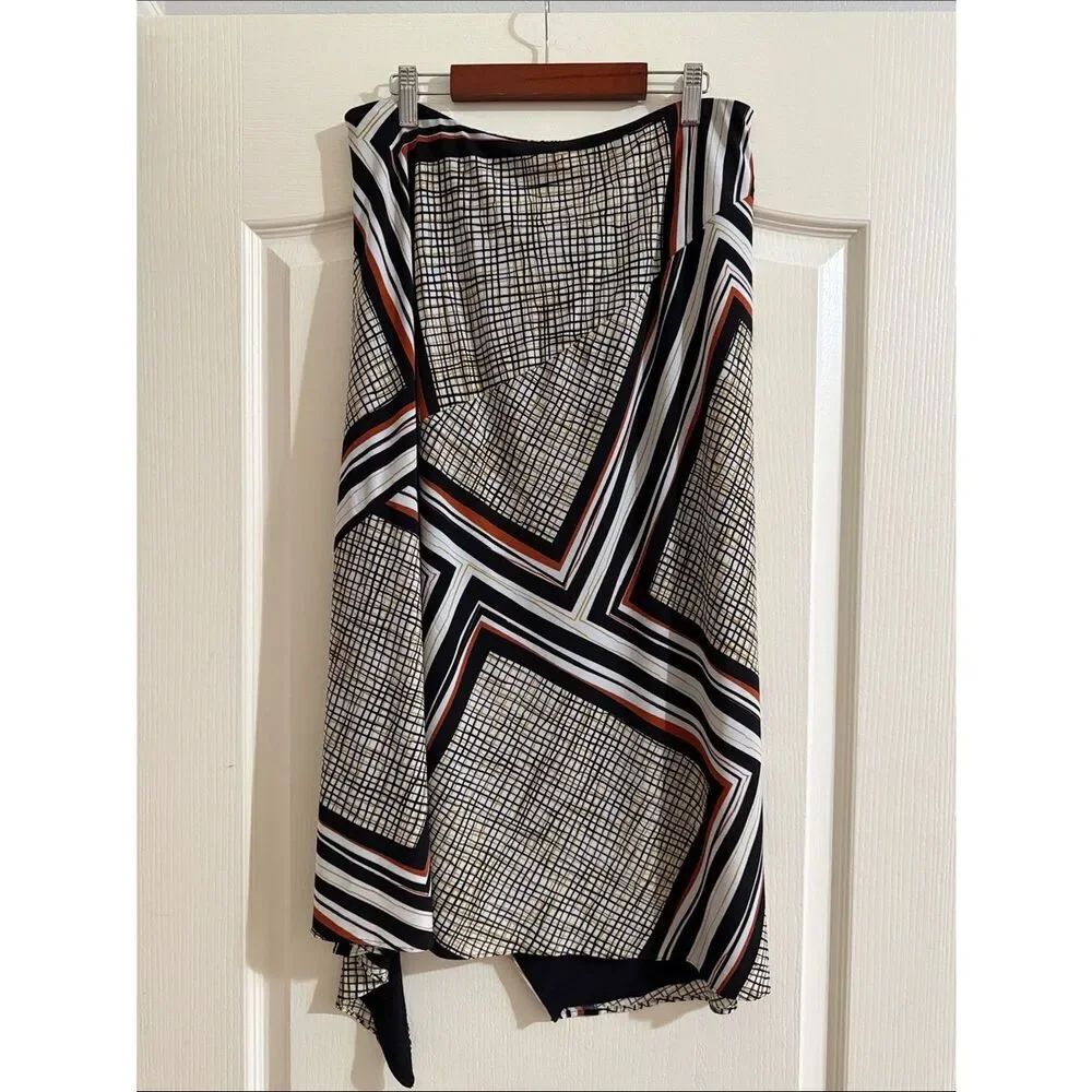 Vintage Donna Karan Asymmetric Geometric Print Midi Skirt - Black, White & Rust - Picture 4 of 5